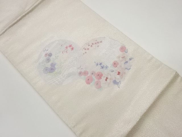 JAPANESE KIMONO / VINTAGE NAGOYA OBI / EMBROIDERY / ROUNDEL & CARRIAGE WITH FLOWER